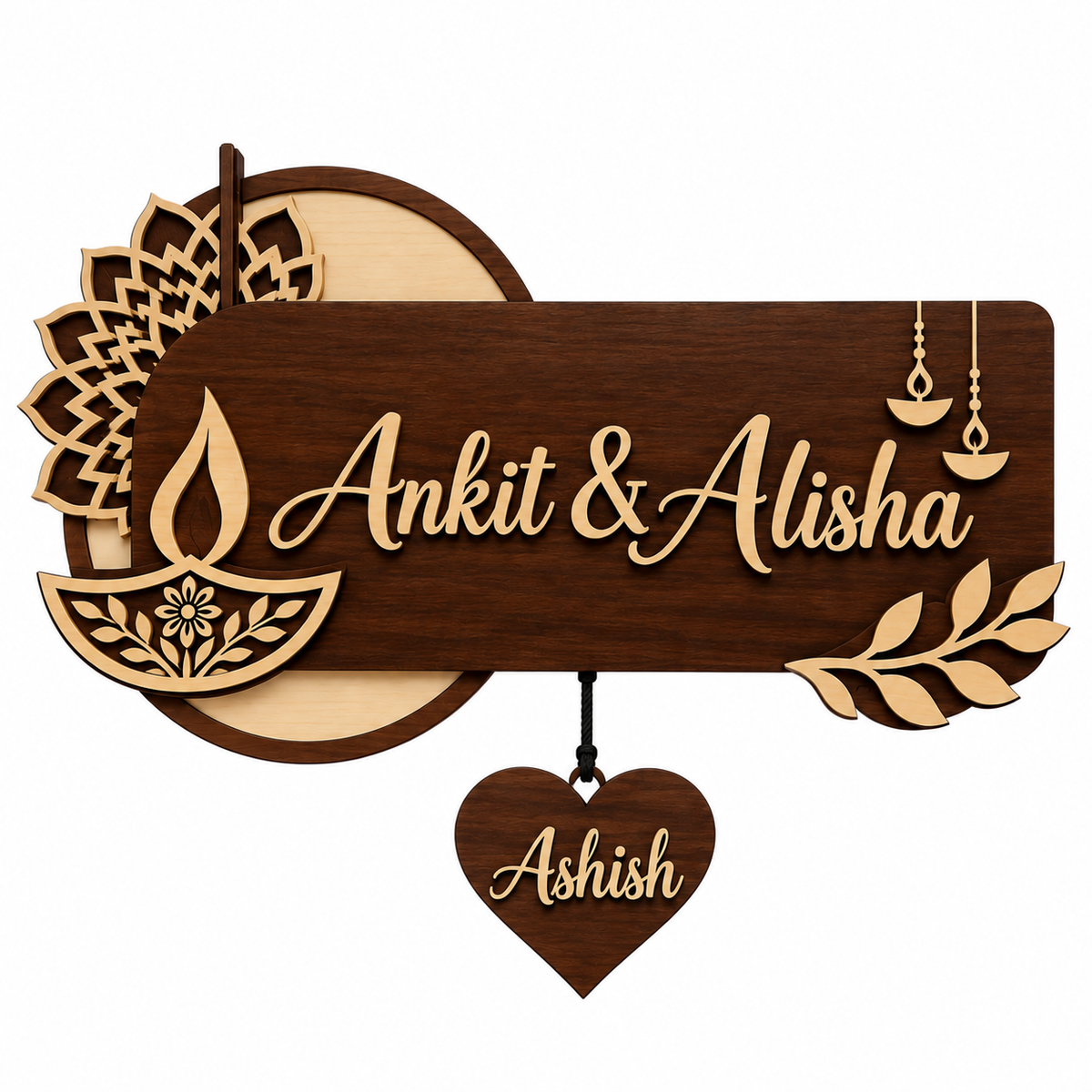 Personalized Diya Nameplate with Mandala Backdrop & Leaf Accent