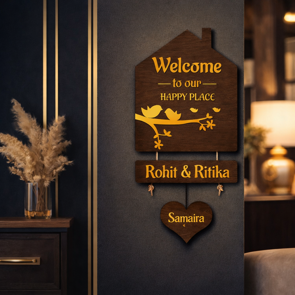 Custom 3D Wooden Hut Nameplate with Gold Acrylic Finish