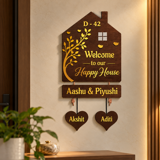 Personalized Family House Nameplate with Kids’ Hanging Hearts