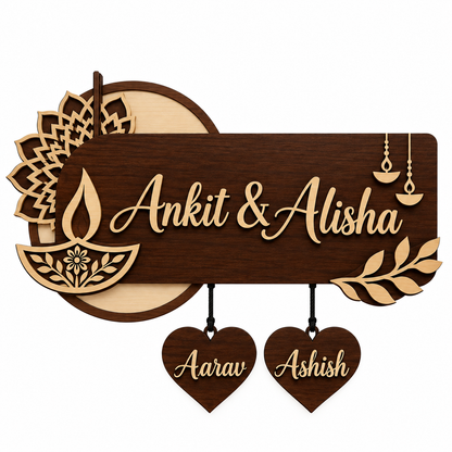 Personalized Diya Nameplate with Mandala Backdrop & Leaf Accent