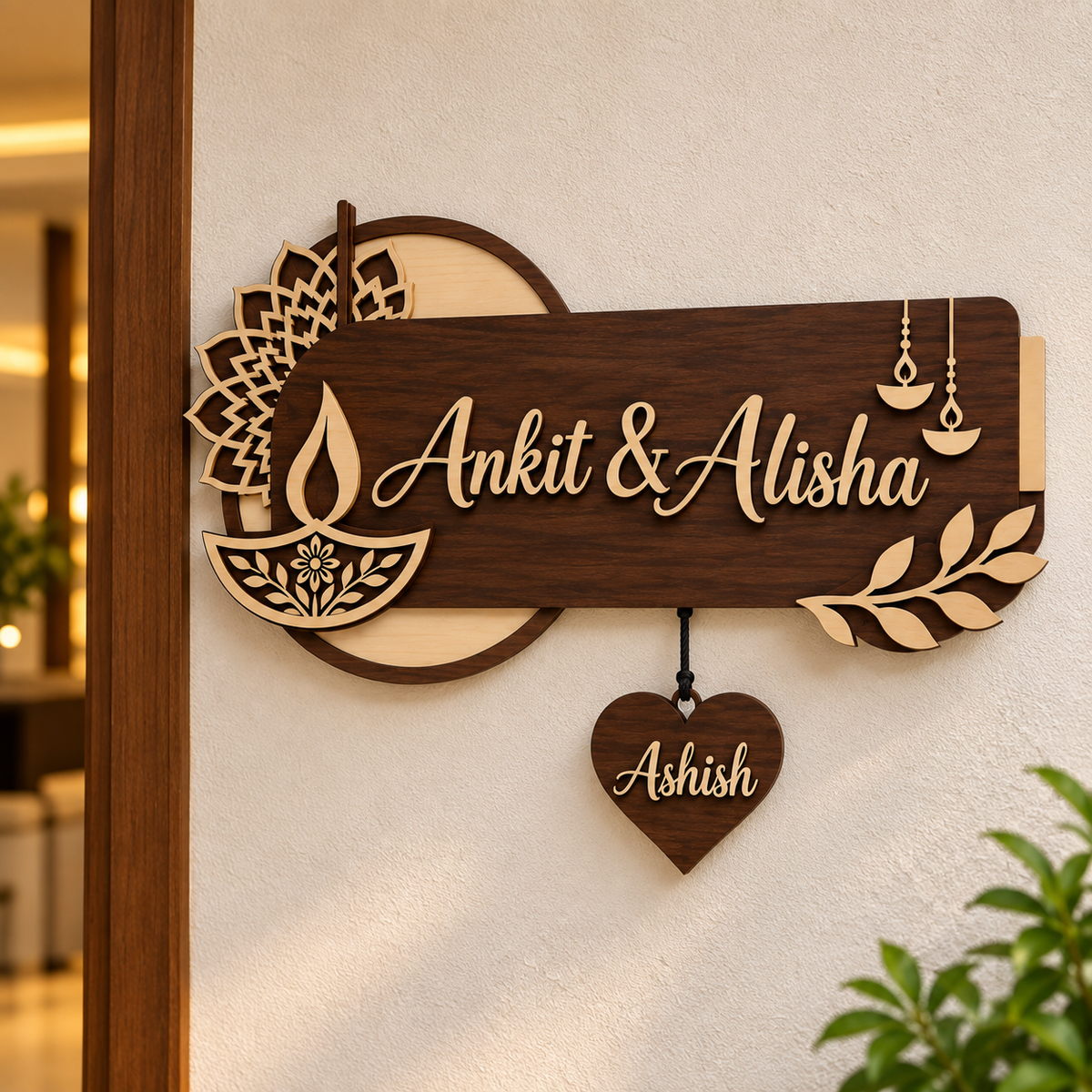 Personalized Diya Nameplate with Mandala Backdrop & Leaf Accent