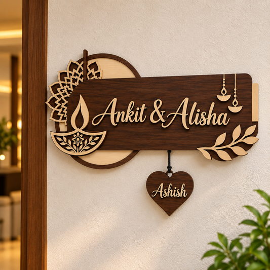 Personalized Diya Nameplate with Mandala Backdrop & Leaf Accent