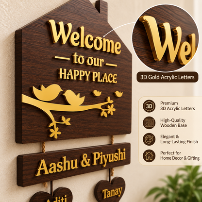 Custom 3D Wooden Hut Nameplate with Gold Acrylic Finish