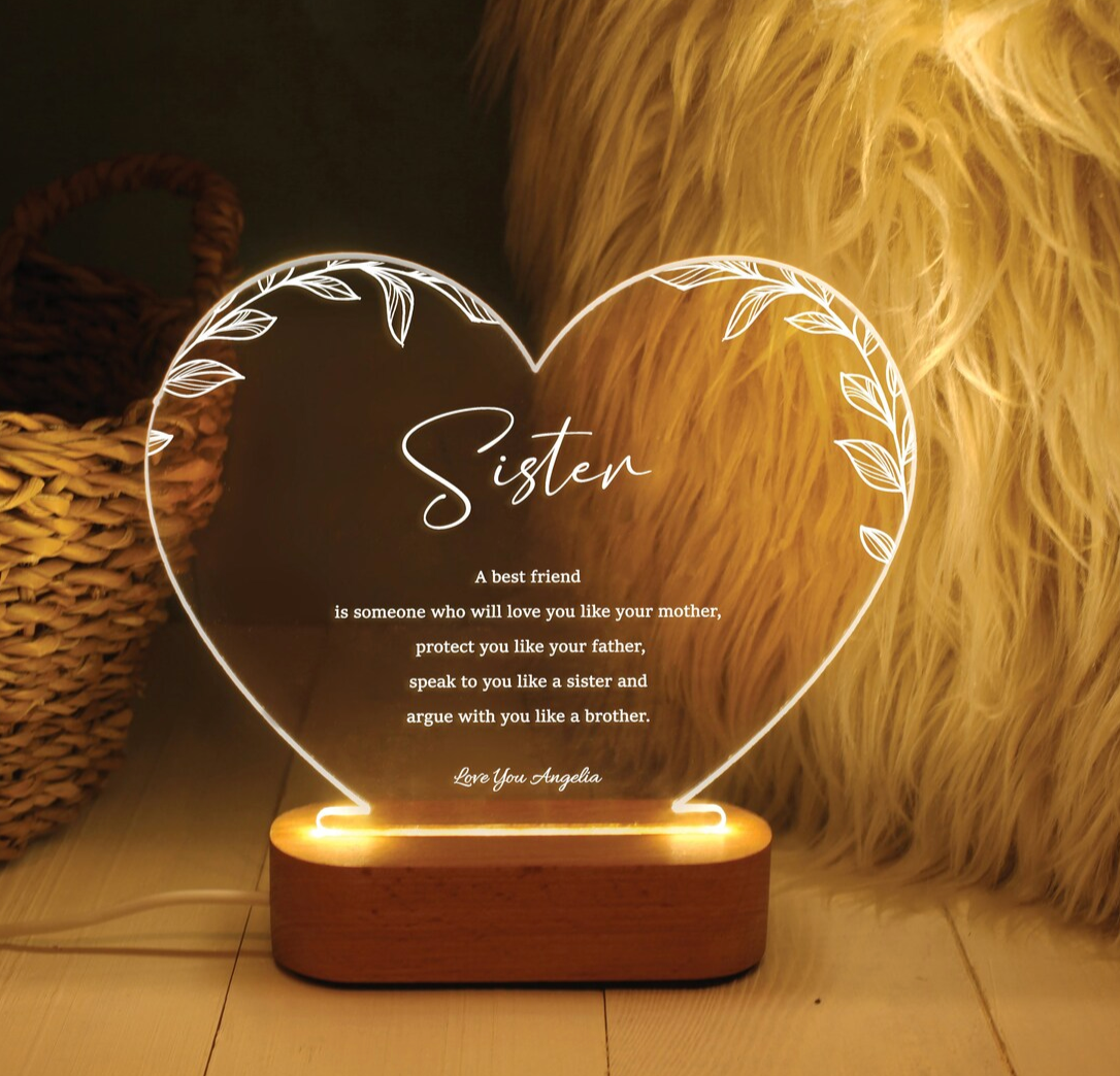 Personalized Heart-Shaped Acrylic LED Lamp | Custom Sister &amp; Best Friend Night Light