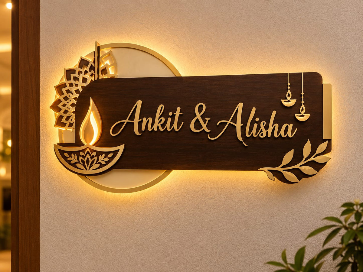 Personalized Diya Nameplate with Mandala Backdrop & Leaf Accent