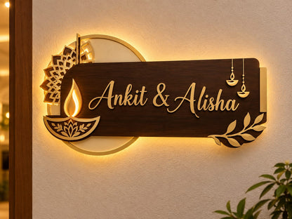 Personalized Diya Nameplate with Mandala Backdrop & Leaf Accent
