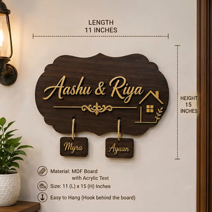 Personalized MDF Wooden Couple Name Plate with Kid Name Tag