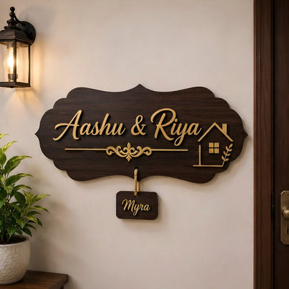 Personalized MDF Wooden Couple Name Plate with Kid Name Tag