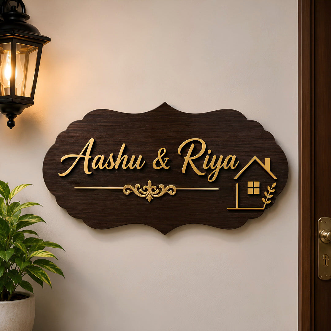 Personalized MDF Wooden Couple Name Plate with Kid Name Tag