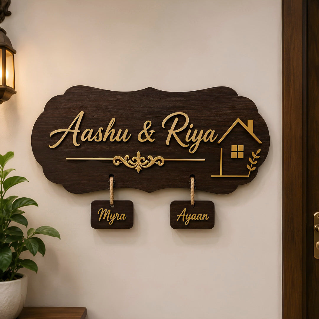 Personalized MDF Wooden Couple Name Plate with Kid Name Tag
