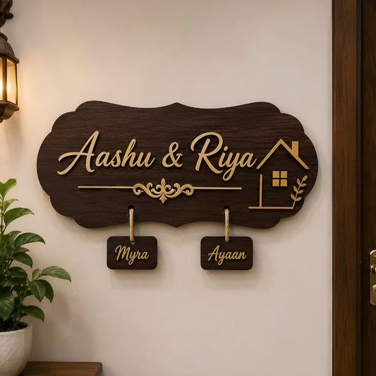 Personalized MDF Wooden Couple Name Plate with Kid Name Tag